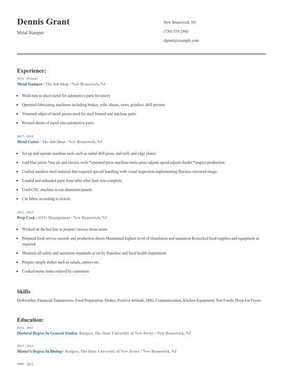 Metal Stamper Resume