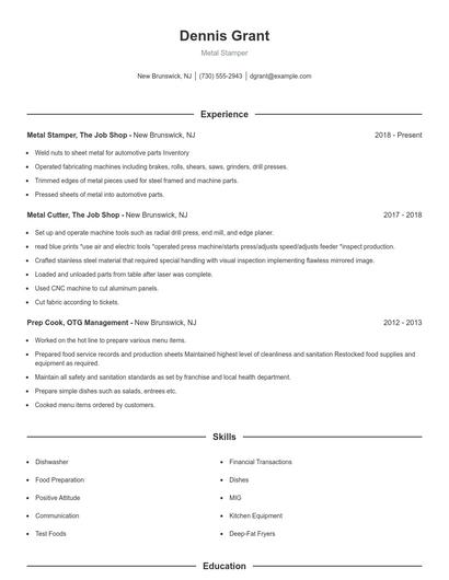 Metal Stamper Resume