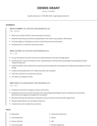 Metal Stamper Resume
