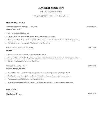 Metal Stud Framer Resume