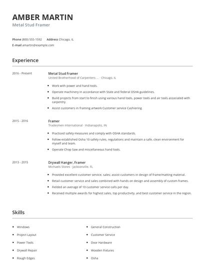 Metal Stud Framer Resume