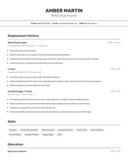 Metal Stud Framer Resume