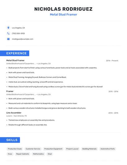 Metal Stud Framer Resume