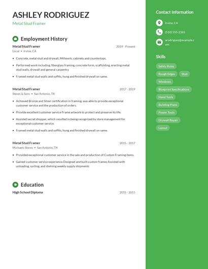 Metal Stud Framer Resume