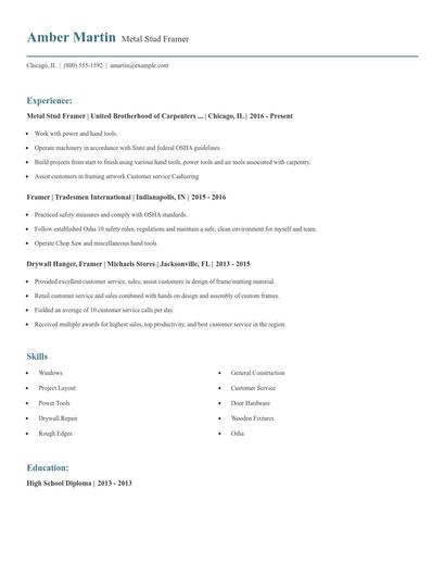 Metal Stud Framer Resume