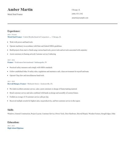 Metal Stud Framer Resume