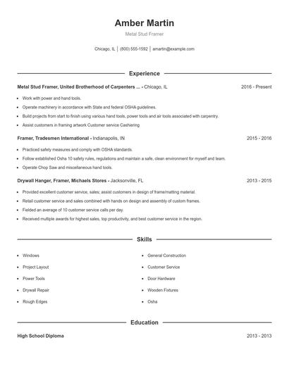 Metal Stud Framer Resume