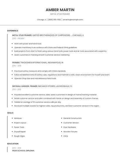 Metal Stud Framer Resume