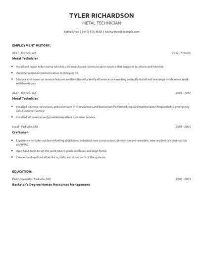 Metal Technician Resume
