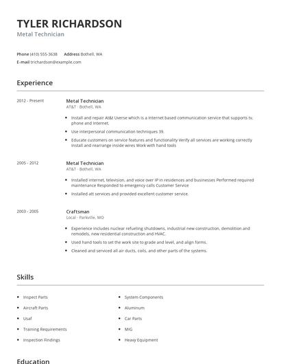 Metal Technician Resume