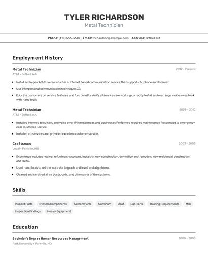 Metal Technician Resume