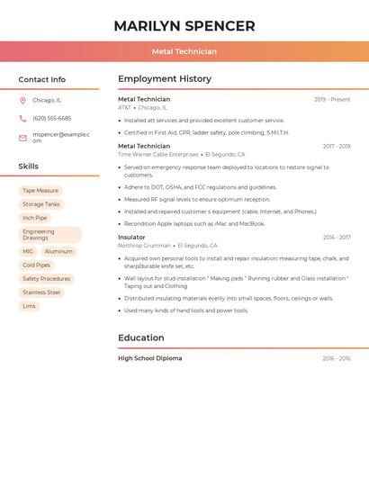Metal Technician Resume