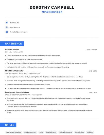 Metal Technician Resume