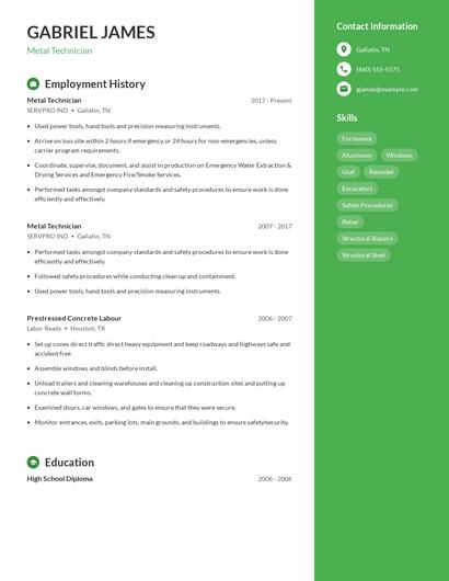 Metal Technician Resume