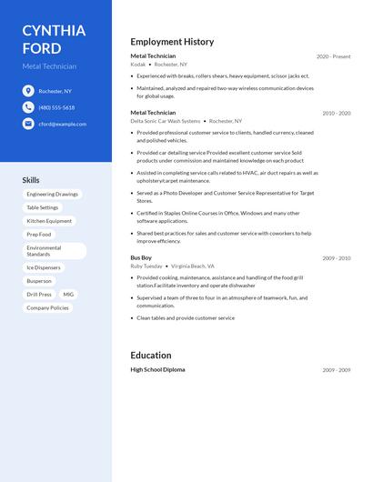 Metal Technician Resume