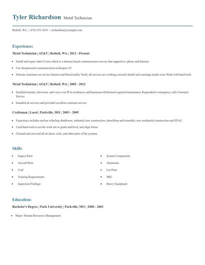 Metal Technician Resume