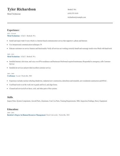 Metal Technician Resume