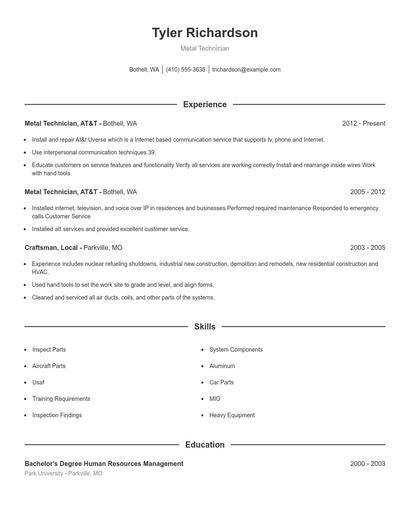 Metal Technician Resume