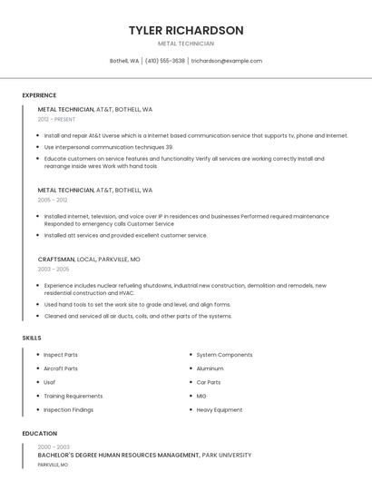 Metal Technician Resume