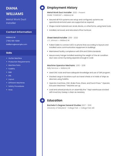 Metal Work Duct Installer Resume