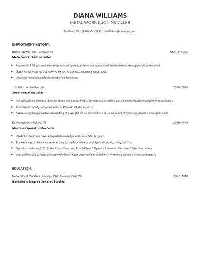 Metal Work Duct Installer Resume