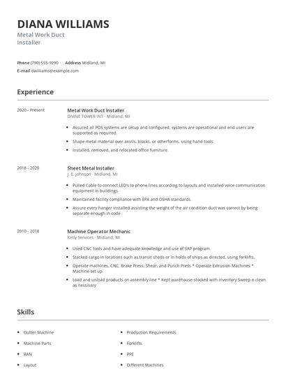 Metal Work Duct Installer Resume