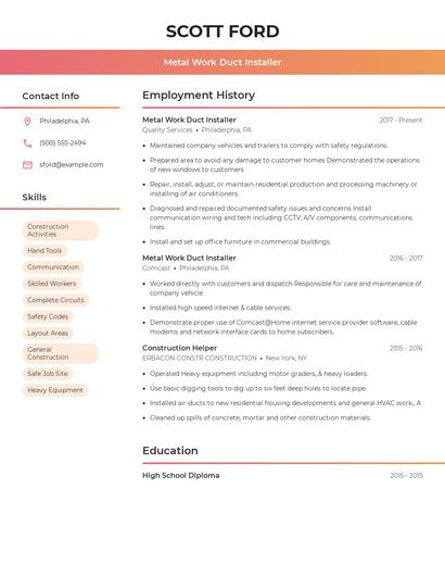 Metal Work Duct Installer Resume