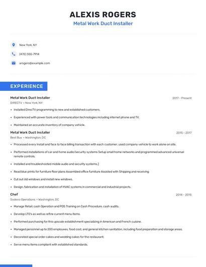 Metal Work Duct Installer Resume