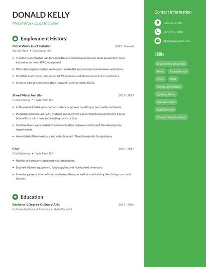 Metal Work Duct Installer Resume