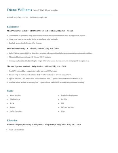 Metal Work Duct Installer Resume