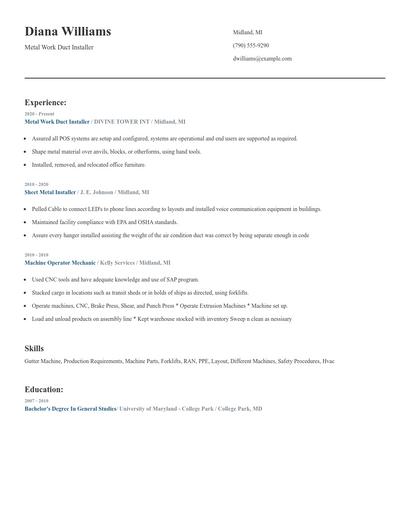 Metal Work Duct Installer Resume