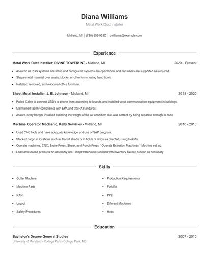 Metal Work Duct Installer Resume