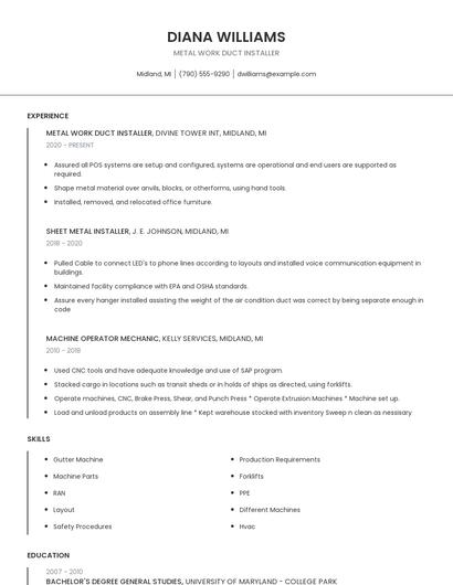 Metal Work Duct Installer Resume