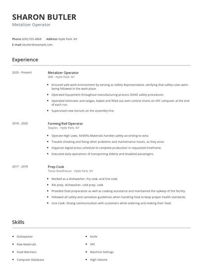 Metalizer Operator Resume