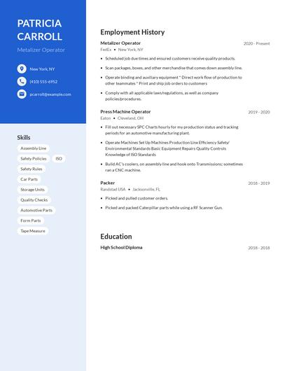 Metalizer Operator Resume