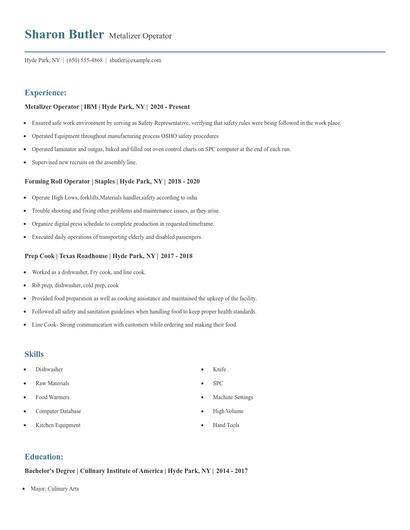 Metalizer Operator Resume