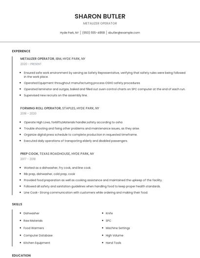 Metalizer Operator Resume
