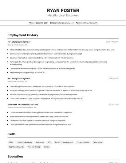 Metallurgical Engineer Resume
