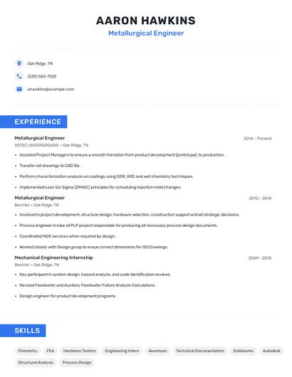 Metallurgical Engineer Resume
