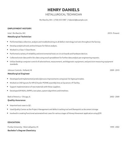 Metallurgical Technician Resume