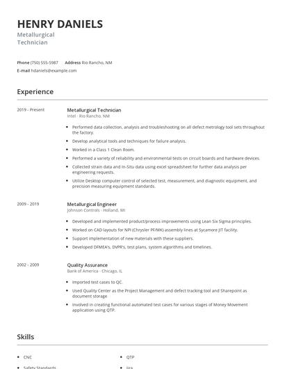 Metallurgical Technician Resume