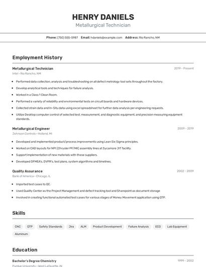 Metallurgical Technician Resume