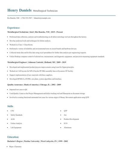 Metallurgical Technician Resume