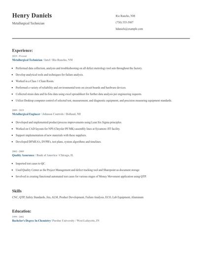 Metallurgical Technician Resume