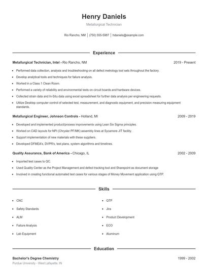 Metallurgical Technician Resume