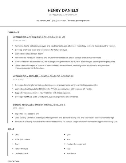 Metallurgical Technician Resume