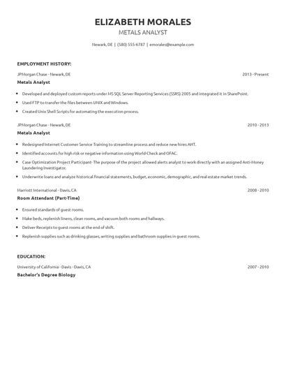 Metals Analyst Resume