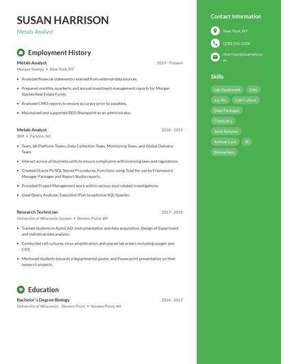 Metals Analyst Resume