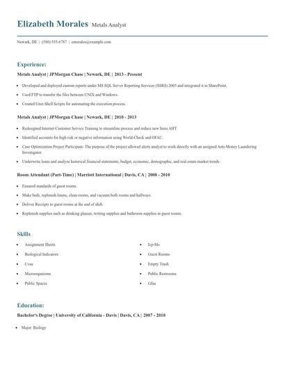 Metals Analyst Resume