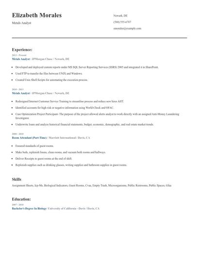 Metals Analyst Resume